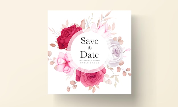 romantic hand drawn maroon floral wedding invitation card