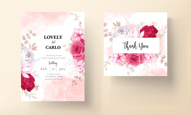 Romantic hand drawn maroon floral wedding invitation card