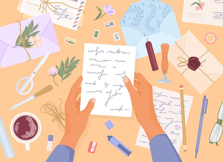 Free Vector romantic letters post flat composition man at a table reading a romantic letter and around him other letters envelopes seals sealing wax vector illustration