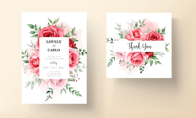 ロマンチックな栗色の花の結婚式の招待カードテンプレート