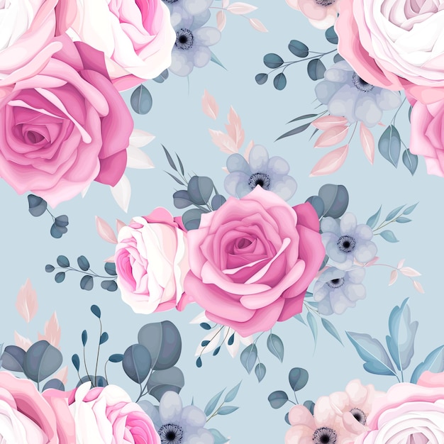 romantic pink and navy floral seamless pattern