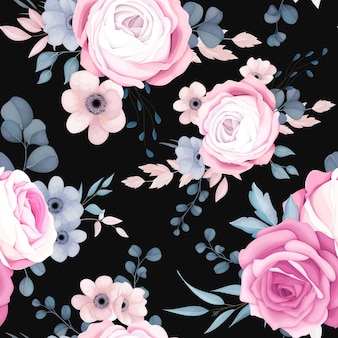 Romantic pink and navy floral seamless pattern