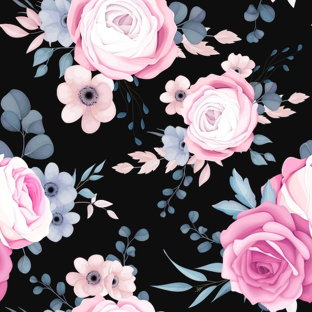 romantic pink and navy floral seamless pattern