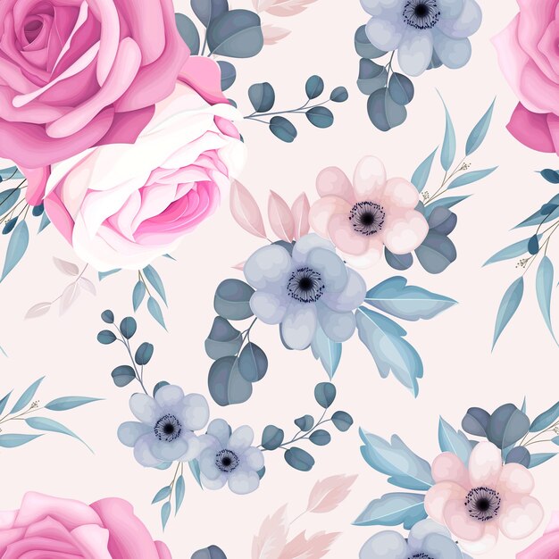 romantic pink and navy floral seamless pattern