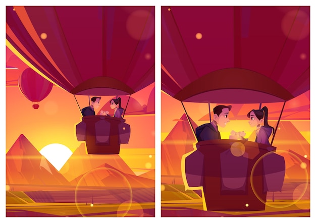 Free vector romantic posters with happy couple in hot air balloon basket at sunset vector flyers or greeting cards with cartoon illustration of love girl and man flying in airship above fields and mountains