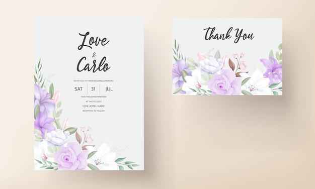 Romantic purple floral wedding invitation card template