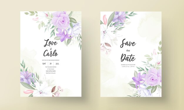 로맨틱 보라색 꽃 결혼식 초대 카드 템플릿