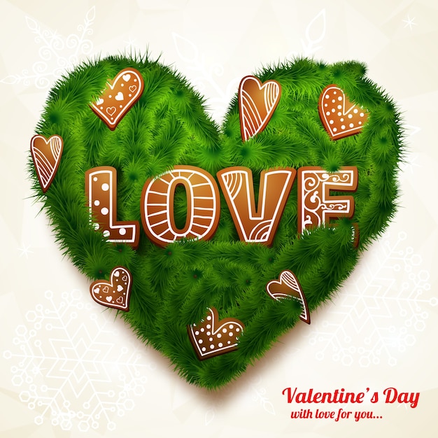 Free vector romantic realistic greeting card with inscription green heart from tree branches and decorative figures isolated vector illustration