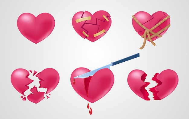 Romantic red elements set with broken stuck shattered cut out torn and roping hearts isolated vector illustration