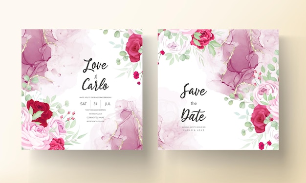 Free vector romantic red and pink floral wedding invitation template with alcohol ink background