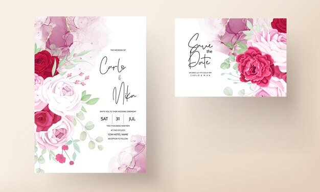 Romantic red and pink floral wedding invitation template with alcohol ink background