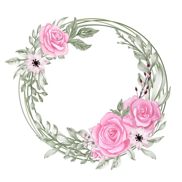 Romantic rose pink pastel with green leaf watercolor wreath round