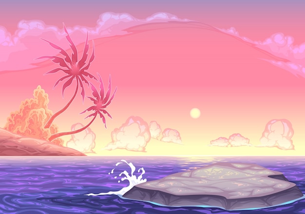 Romantic seascape in the sunset vector cartoon illustration