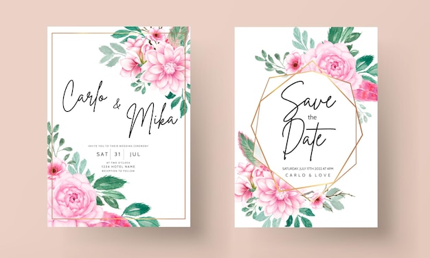 Romantic sweet watercolor pink floral wedding invitation card