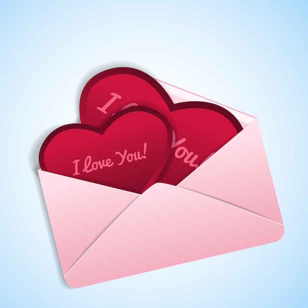 분홍색 봉투 그림에서 사랑 고백과 빨간 하트 모양의 로맨틱 발렌타인