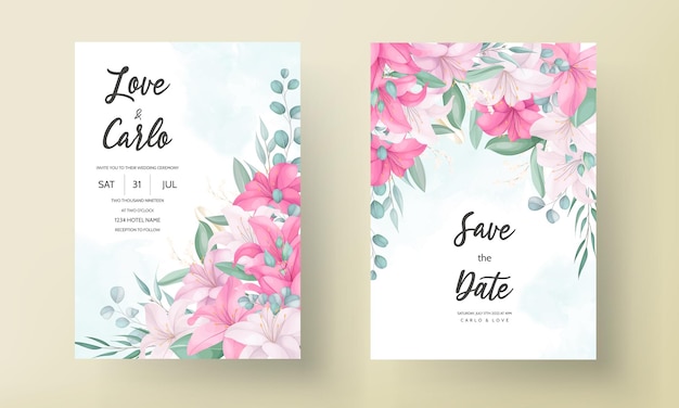 Romantic wedding invitation card with beautiful lily floral and leaves