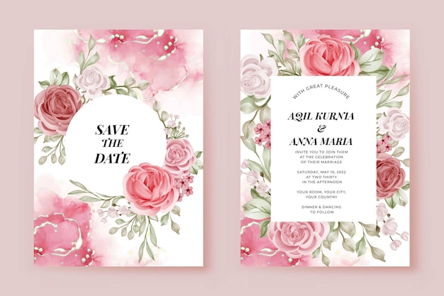Бесплатное векторное изображение Романтическое свадебное приглашение набор роза цветок шаблон