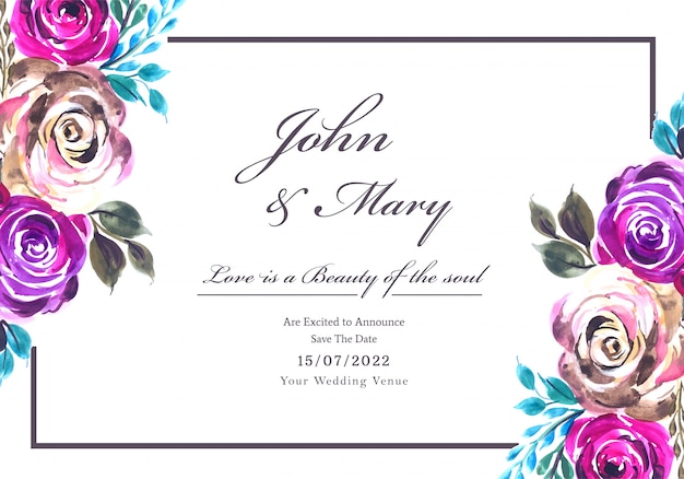 Romantic wedding invitation with colorful flowers card background