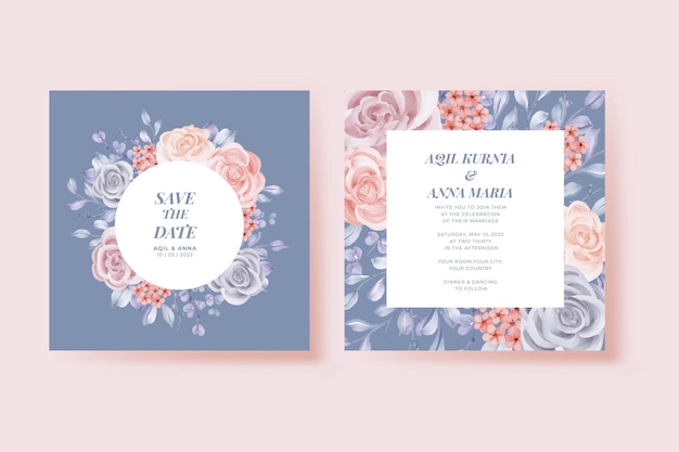 Romantic winter wedding invitation set rose flower blue template