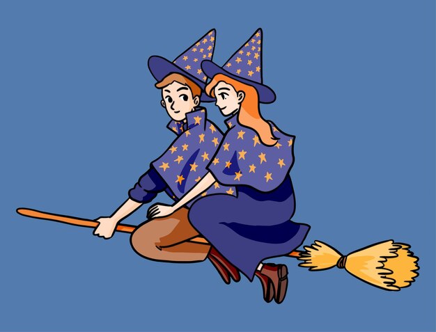 ほうきで飛ぶハロウィーン魔女のイラスト 無料のベクター