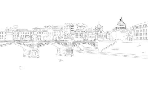 Rome city vector sketch Vintage style with St Angelo Bridge on Tiber River views