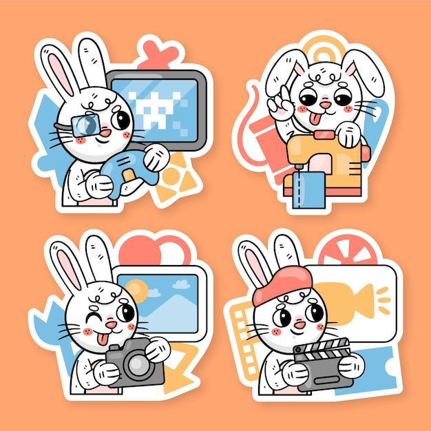 Free vector ronnie the bunny activities sticker set