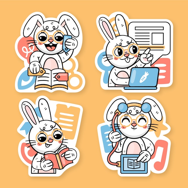 Free vector ronnie the bunny reading stickers collection