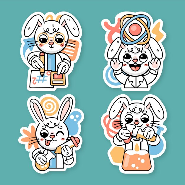 Free vector ronnie the bunny scientist sticker set