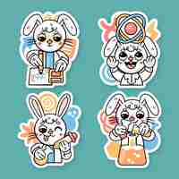 Free vector ronnie the bunny scientist sticker set