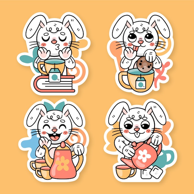 Free vector ronnie the bunny tea time sticker set