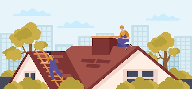 Free vector roof flat composition with cityscape scenery and two workers climbing on house roof with ladder instruments vector illustration