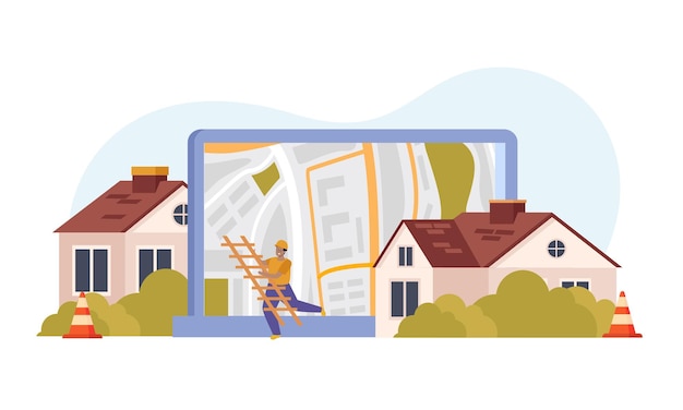 Roof flat composition with front view of laptop district map and jumping worker with small houses vector illustration