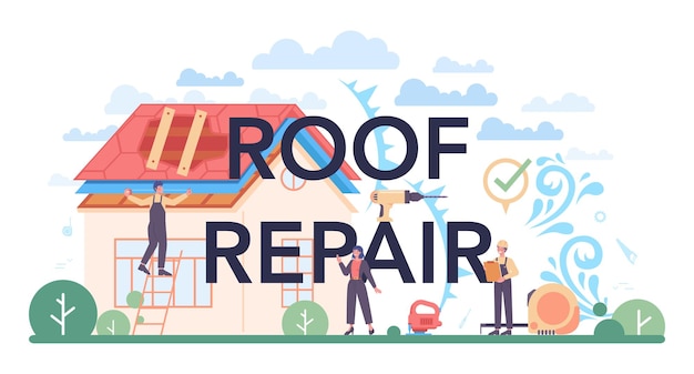 屋根の修理活字ヘッダー建物の固定と家の改修労働設備を使用して適用する屋根のタイル作業ツールを使用する屋根葺き職人男性孤立したフラットベクトル図