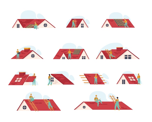 Vettore gratuito tetto con sfondo bianco e icone isolate di cime delle case con personaggi di persone che lavorano illustrazione vettoriale