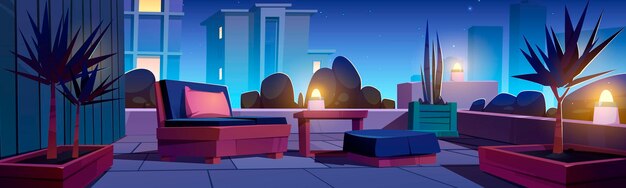 Rooftop garden, building terrace with plants and furniture at night. Vector cartoon illustration of modern patio on house roof or balcony with bushes, trees, lamps, table and chairs for relax