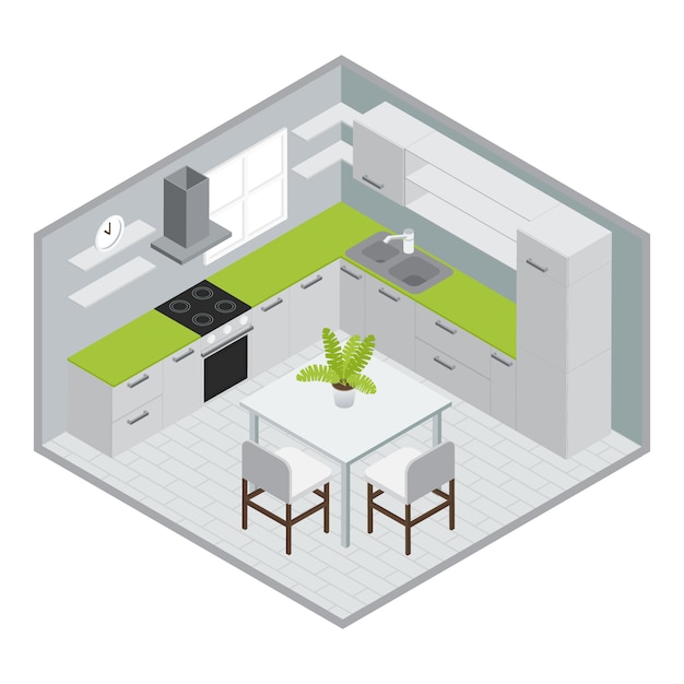 Room for cooking isometric design with white green kitchen furniture stove sink window tiled floor vector illustration