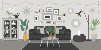 room interior composition with inside view of living room with soft furniture table plants and decorations vector illustration