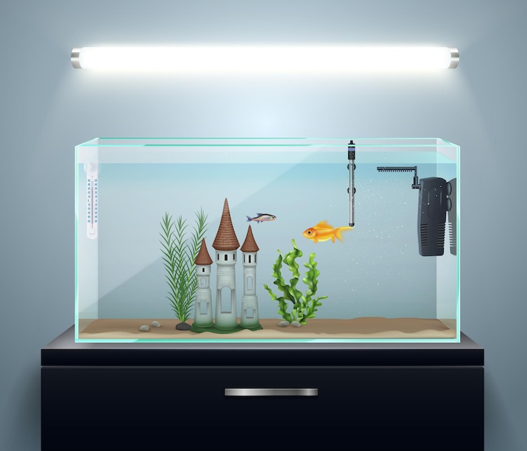 मुफ़्त वेक्टर room interior composition with realistic aquarium on chest of drawers and wall lamp illustration