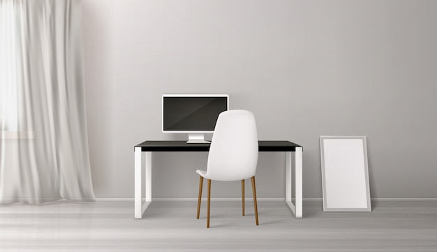 部屋のインテリア、デスク、シート、PCを備えた職場