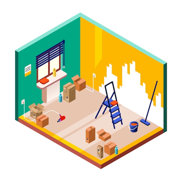 Free vector room renovation illustration of isometric cross section of modern small room interior
