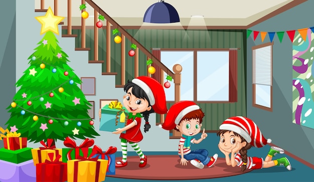 Room scene with children celebrating Christmas