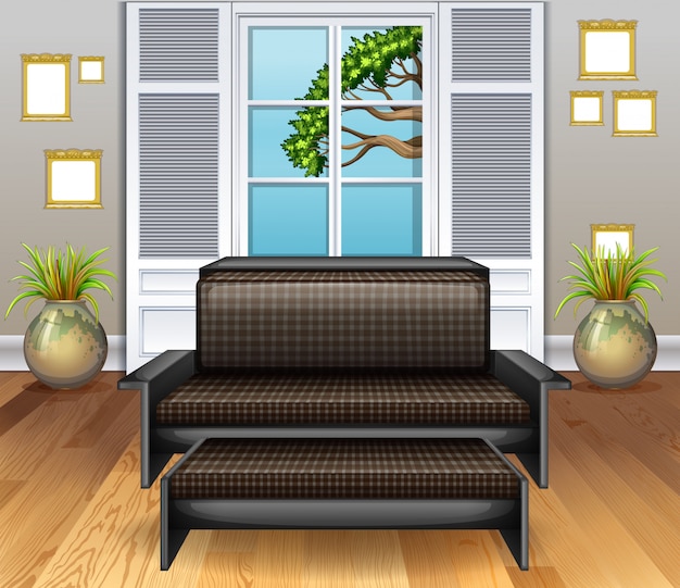 Free vector room with brown sofa on wooden floor