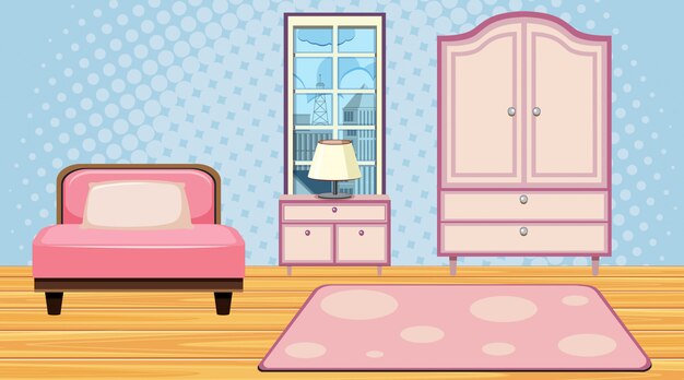 ピンクの家具と青い壁紙の部屋 プレミアムベクター