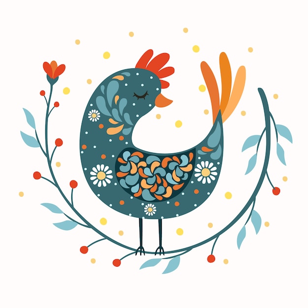 Free vector rooster bird folk art