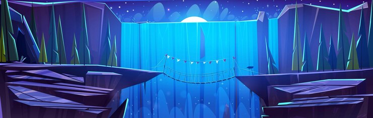 Free Vector rope bridge between edges of cliff near waterfall