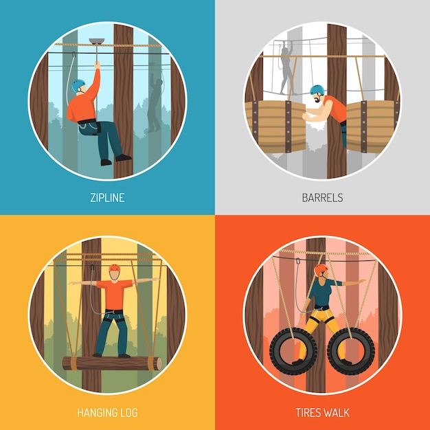 Ropes course outdoor adventure concept 4 flat icons with zip\
line tour and tires walking illustration