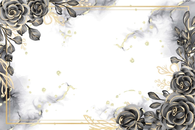 Free vector rose black and gold watercolor background floral frame with white space