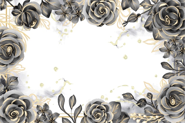 Rose black and gold watercolor background floral frame with white space