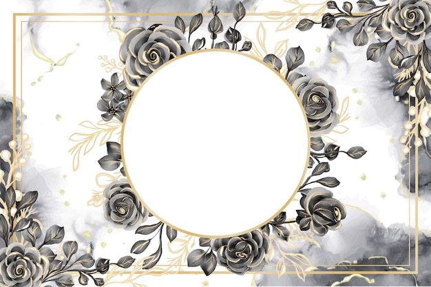 Rose black and gold watercolor background floral frame with white space