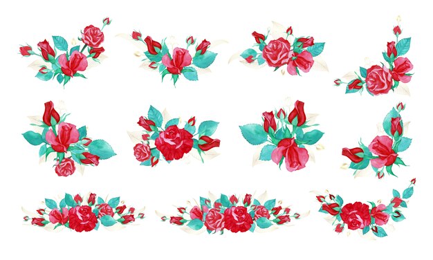청첩장 또는 인사말 카드에 대 한 수채화 스타일에서 장미 꽃다발 번들.